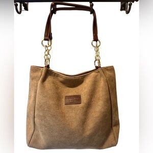 Marco Polo Suede Like Shoulder Tote Bag Purse Brown Vegan Leather
